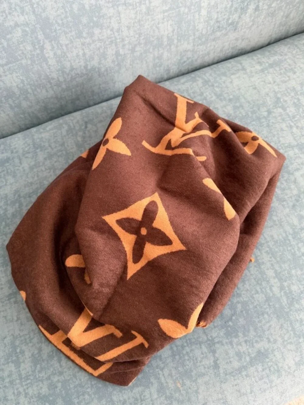 Brown Tan Reversible Monogram Oversized Scarf Shawl Wrap Fringe Luxury Style